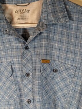 Orvis Short Sleeve Button Down Shirt Mens Blue Plaid Fishing Outdoor Casual